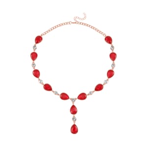 Simulated Ruby and White Austrian Crystal Lariat Necklace in Rosetone 20-22 Inches