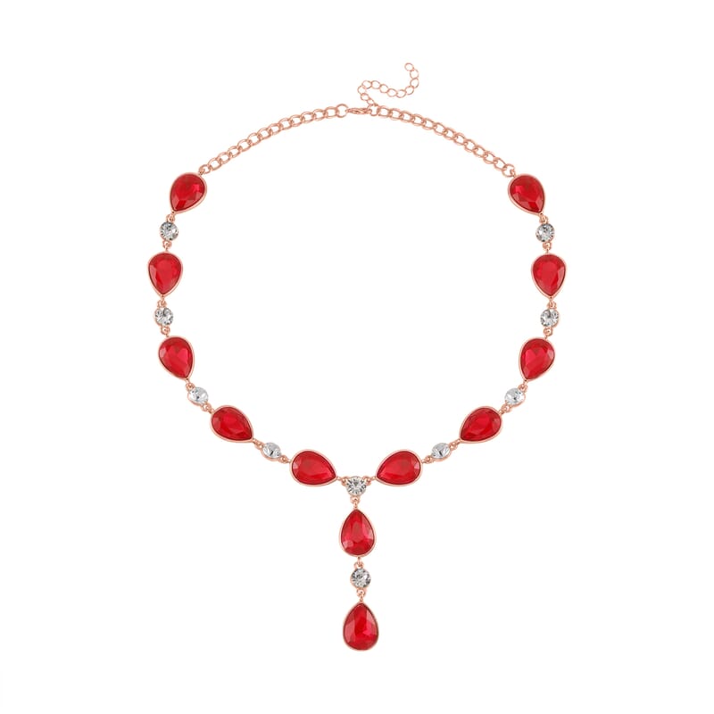 Simulated Ruby and White Austrian Crystal Lariat Necklace in Rosetone 20-22 Inches