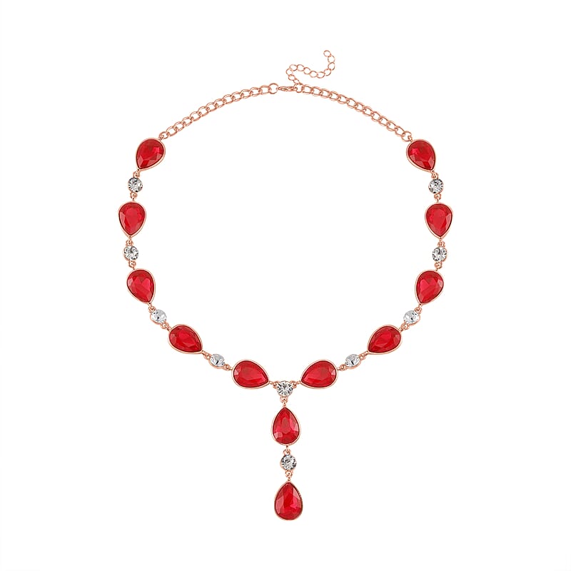 Simulated Ruby and White Austrian Crystal Lariat Necklace in Rosetone 20-22 Inches