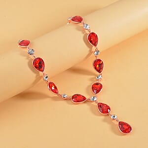 Simulated Ruby and White Austrian Crystal Lariat Necklace in Rosetone 20-22 Inches