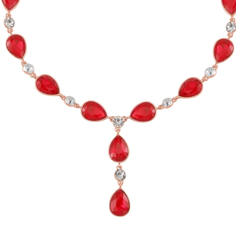 Simulated Ruby and White Austrian Crystal Lariat Necklace in Rosetone 20-22 Inches