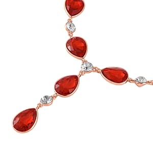 Simulated Ruby and White Austrian Crystal Lariat Necklace in Rosetone 20-22 Inches
