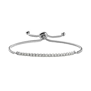 White Zircon Bolo Bracelet in Stainless Steel (9.50 In) 1.35 ctw , Tarnish-Free, Waterproof, Sweat Proof Jewelry