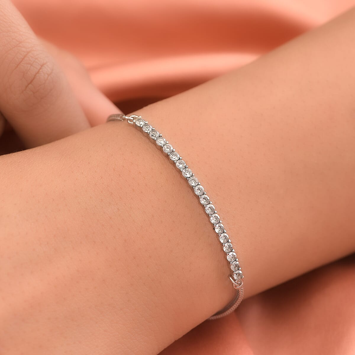 White Zircon Bolo Bracelet in Stainless Steel (9.50 In) 1.35 ctw , Tarnish-Free, Waterproof, Sweat Proof Jewelry image number 2