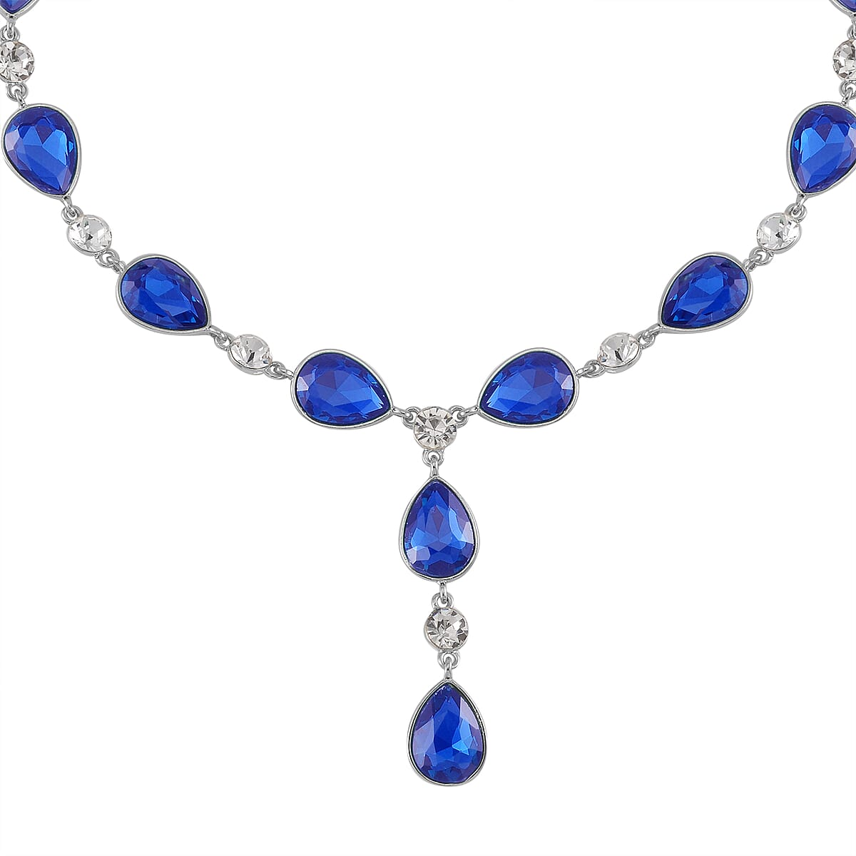 Simulated Sapphire and White Austrian Crystal Lariat Necklace in Silvertone 20-22 Inches image number 2