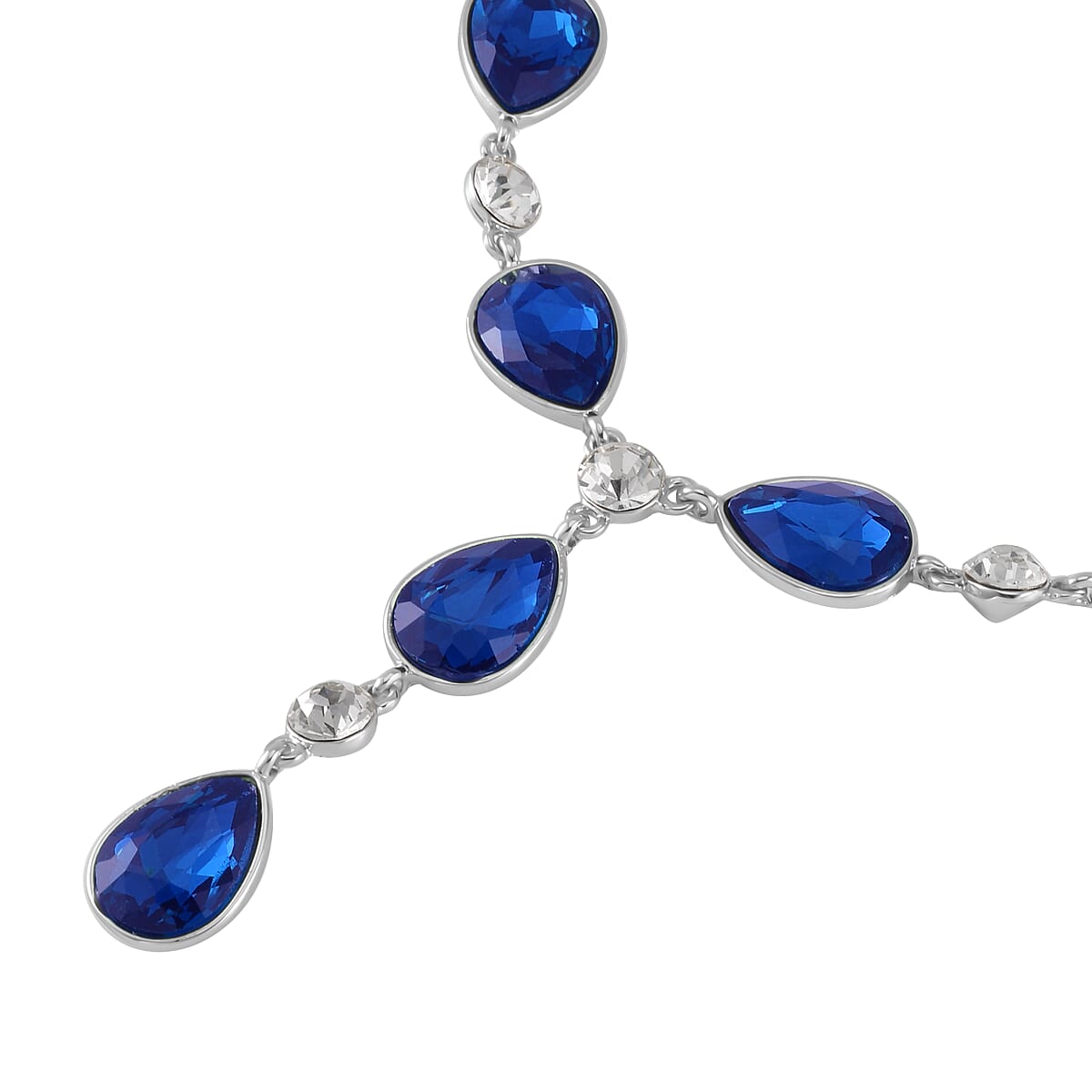 Simulated Sapphire and White Austrian Crystal Lariat Necklace in Silvertone 20-22 Inches image number 3
