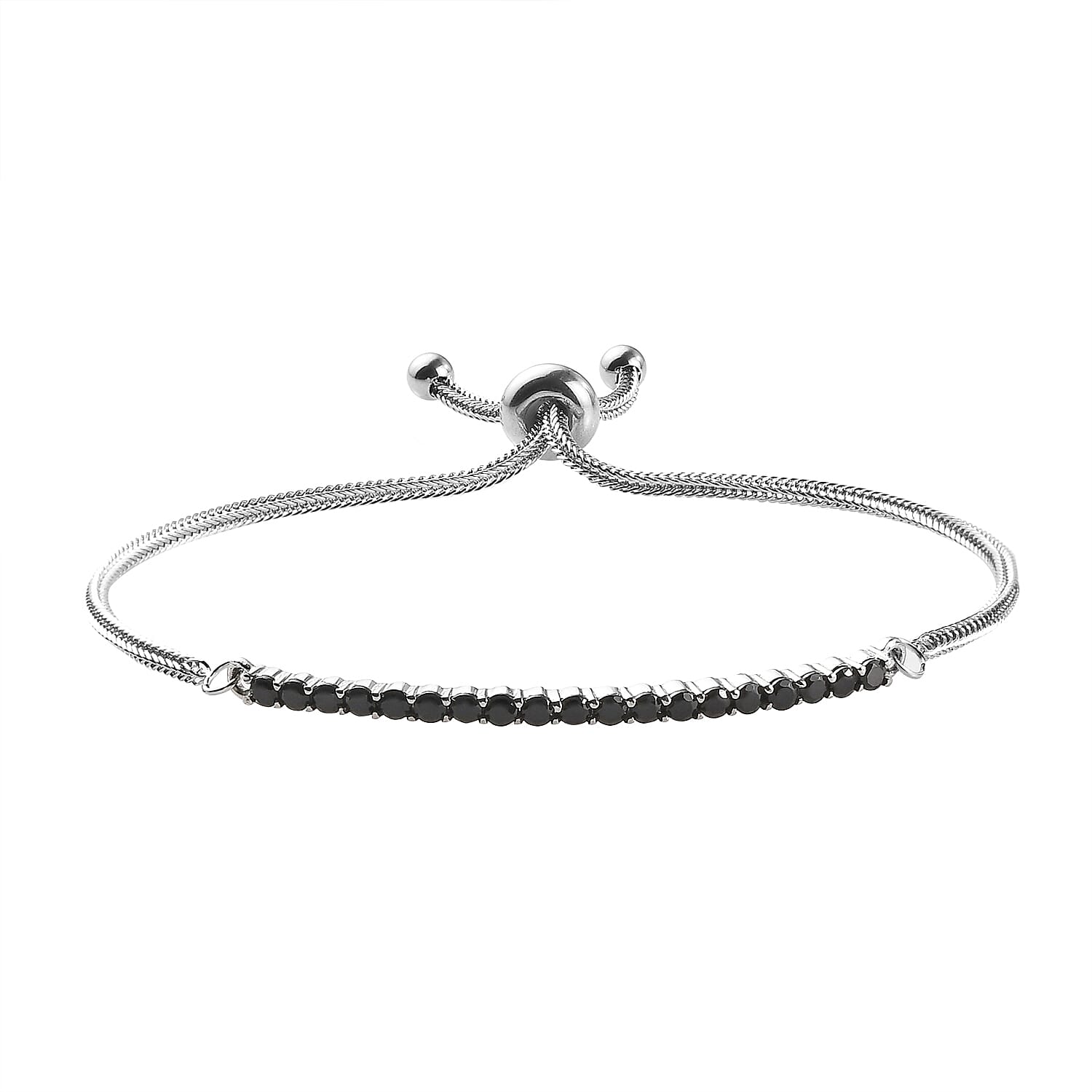 Thai Black Spinel Bolo Bracelet in Stainless Steel 1.33 (9.50 In) 1.15 ctw , Tarnish-Free, Waterproof, Sweat Proof Jewelry