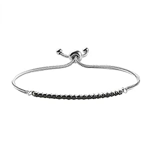 Thai Black Spinel Bolo Bracelet in Stainless Steel 1.33 (9.50 In) 1.15 ctw , Tarnish-Free, Waterproof, Sweat Proof Jewelry