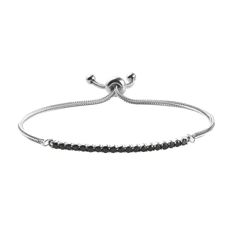 Thai Black Spinel Bolo Bracelet in Stainless Steel 1.33 (9.50 In) 1.15 ctw , Tarnish-Free, Waterproof, Sweat Proof Jewelry