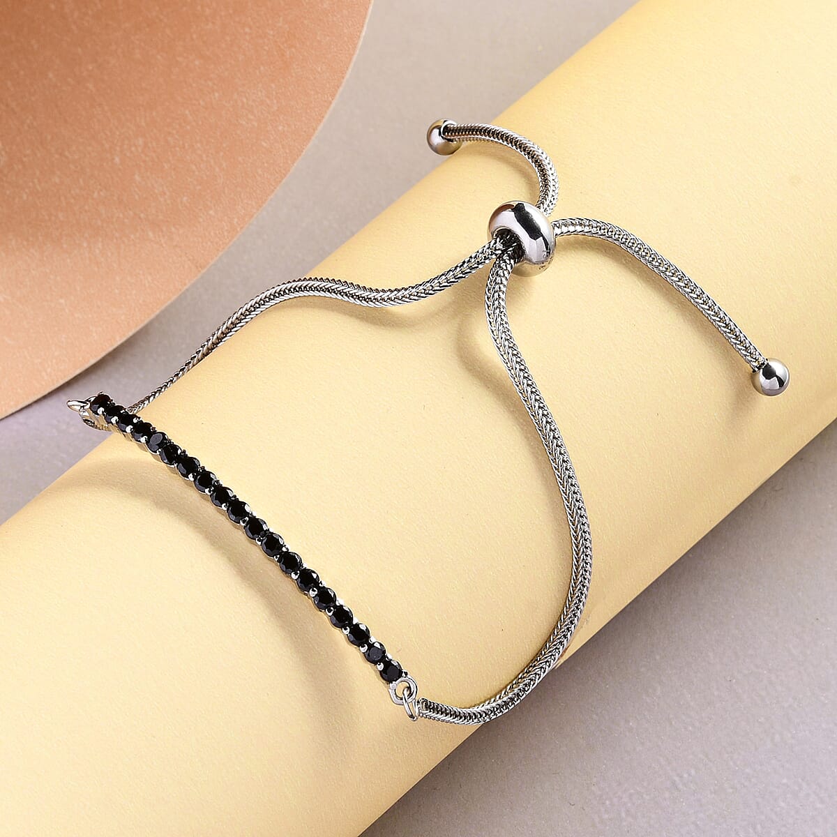 Thai Black Spinel Bolo Bracelet in Stainless Steel 1.33 (9.50 In) 1.15 ctw , Tarnish-Free, Waterproof, Sweat Proof Jewelry image number 1