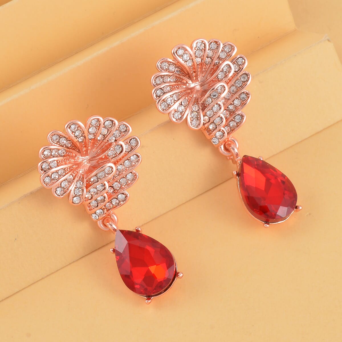 Simulated Ruby and Austrian Crystal Drop Earrings in Rosetone image number 1