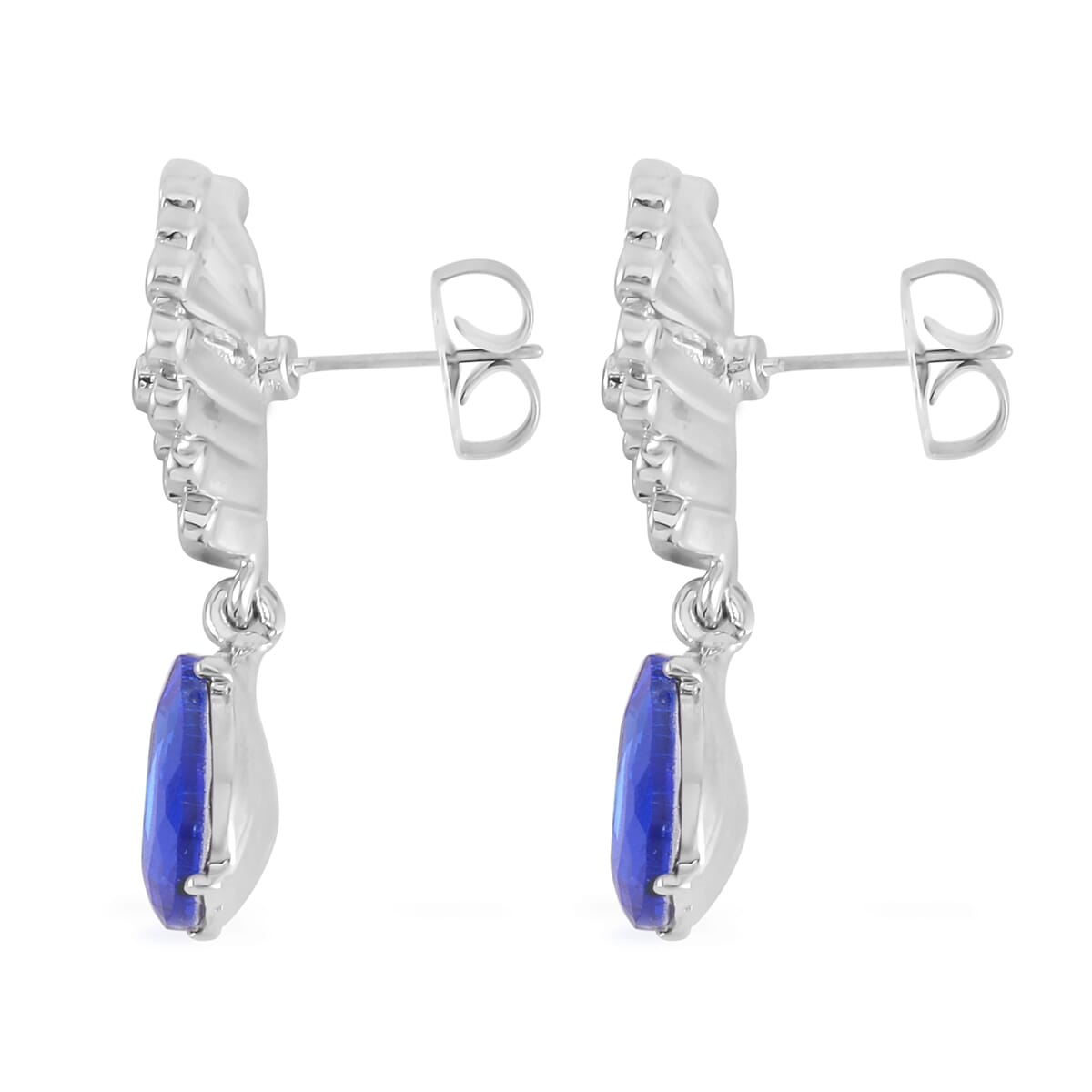 Simulated Blue Sapphire and Austrian Crystal Drop Earrings in Silvertone image number 3