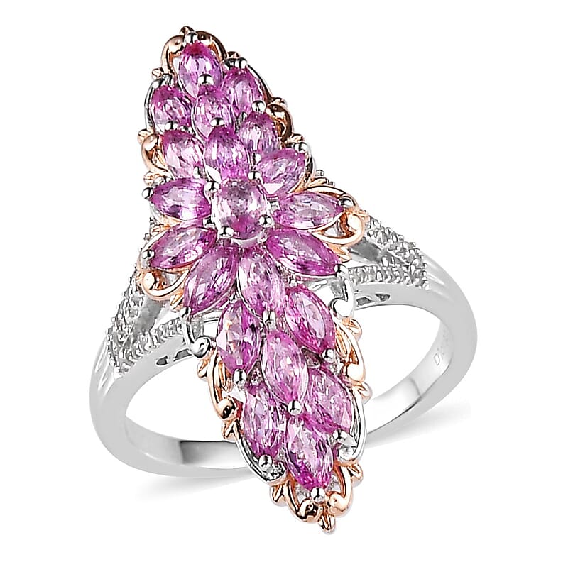 Premium Madagascar Pink Sapphire and White Zircon Elongated Ring in Vermeil Rose Gold and Platinum Over Sterling Silver (Size 10.0) 4.25 ctw