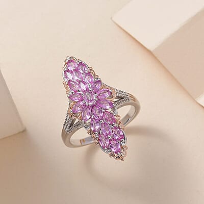 Premium Madagascar Pink Sapphire and White Zircon Elongated Ring in Vermeil Rose Gold and Platinum Over Sterling Silver (Size 10.0) 4.25 ctw