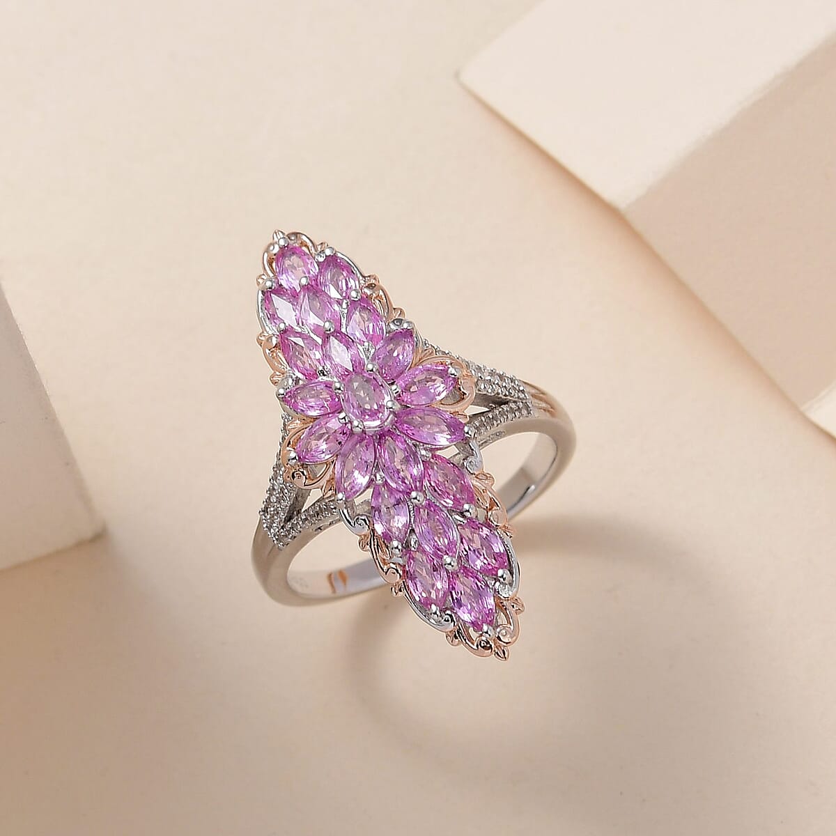 Premium Madagascar Pink Sapphire and White Zircon Elongated Ring in Vermeil Rose Gold and Platinum Over Sterling Silver (Size 6.0) 4.25 ctw image number 1