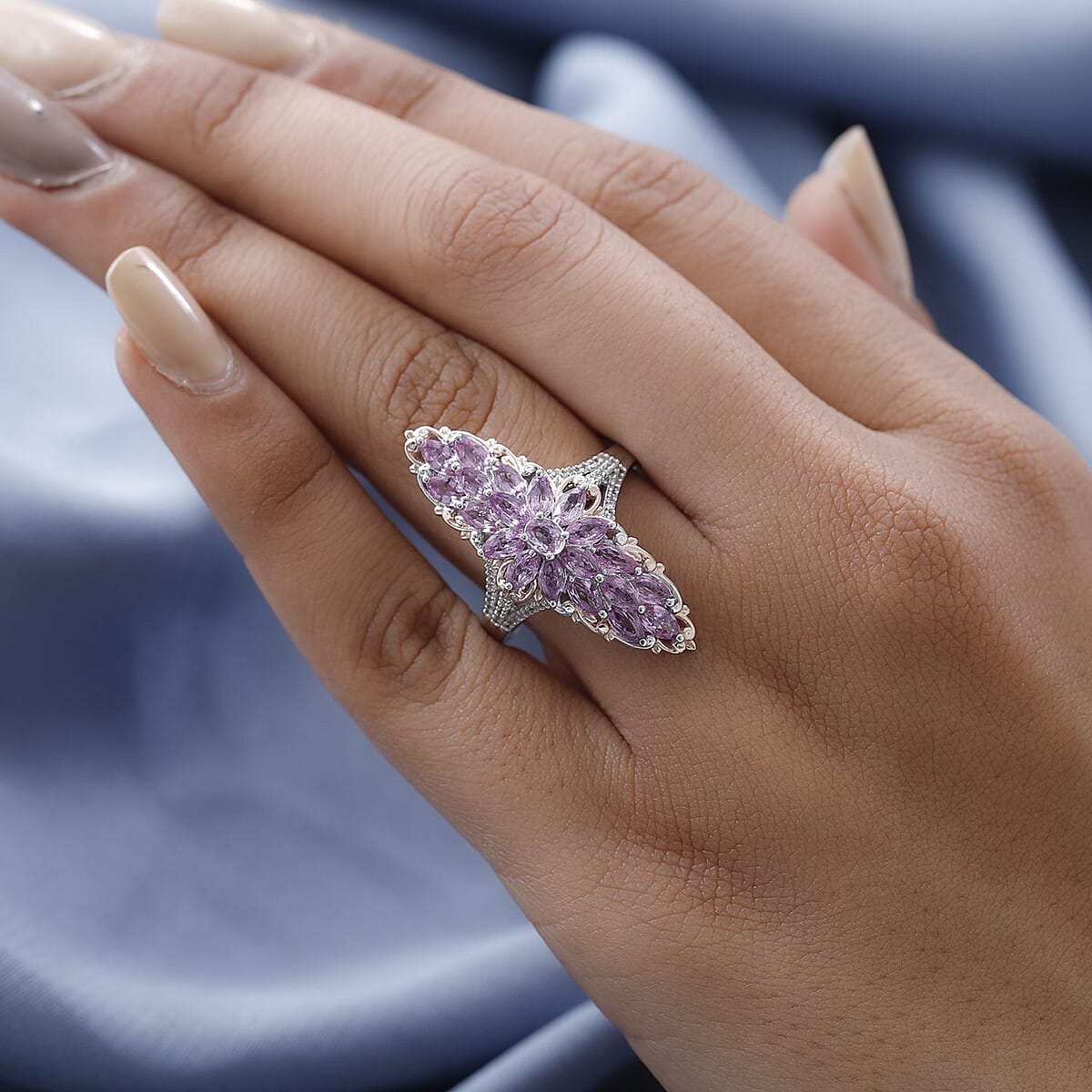 Premium Madagascar Pink Sapphire and White Zircon Elongated Ring in Vermeil Rose Gold and Platinum Over Sterling Silver (Size 6.0) 4.25 ctw image number 2