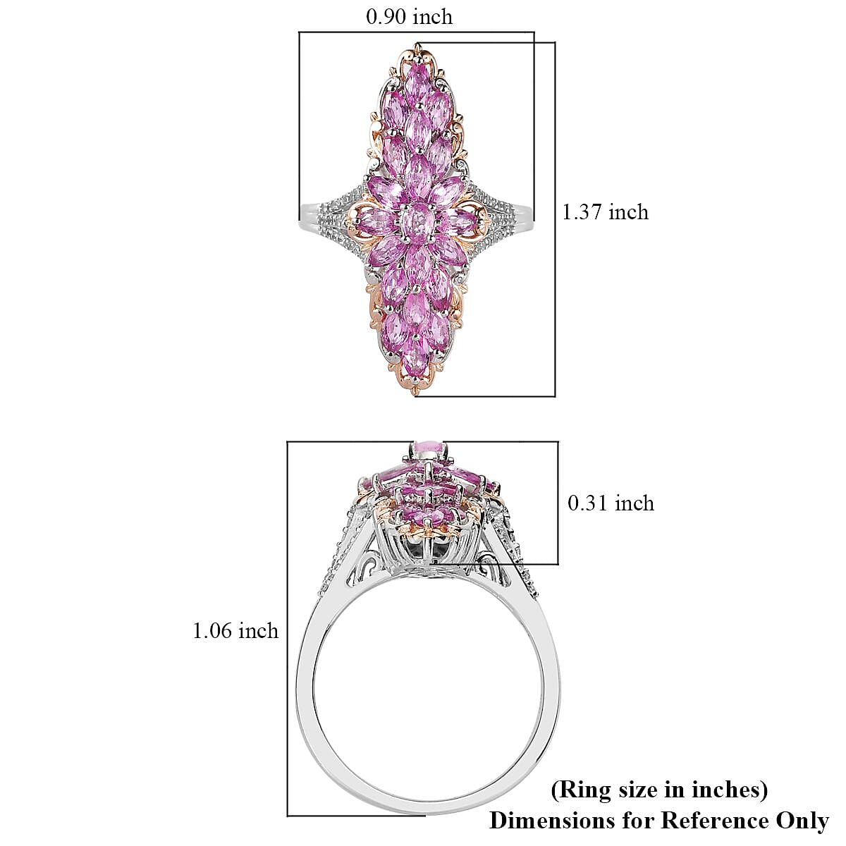 Premium Madagascar Pink Sapphire and White Zircon Elongated Ring in Vermeil Rose Gold and Platinum Over Sterling Silver (Size 6.0) 4.25 ctw image number 5