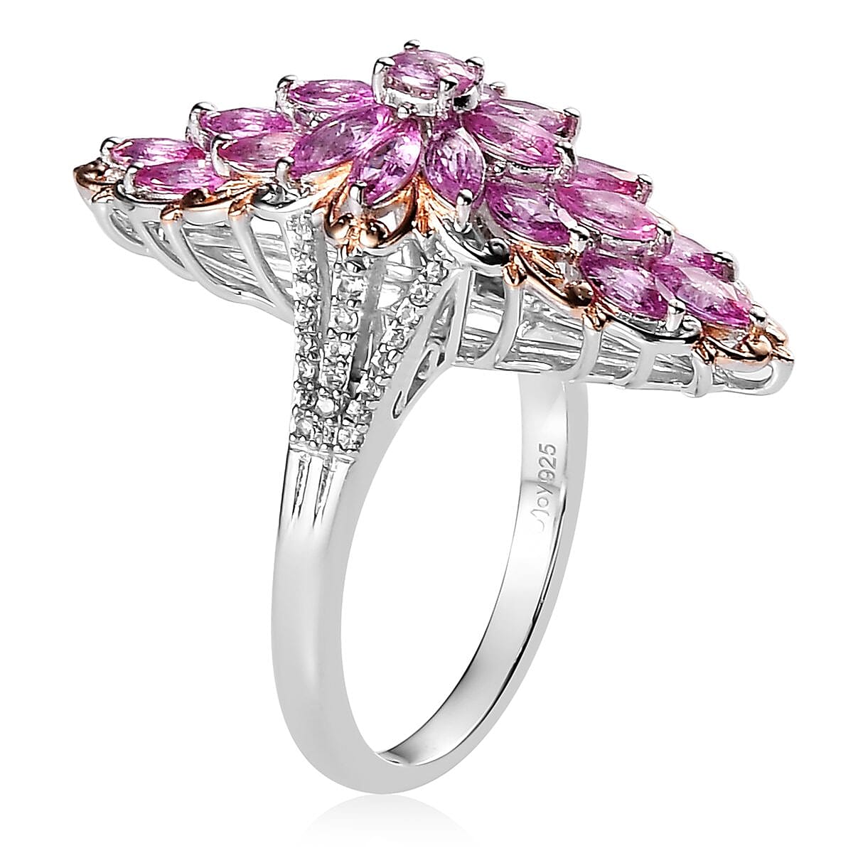 Premium Madagascar Pink Sapphire and White Zircon Elongated Ring in Vermeil Rose Gold and Platinum Over Sterling Silver (Size 9.0) 4.25 ctw image number 3