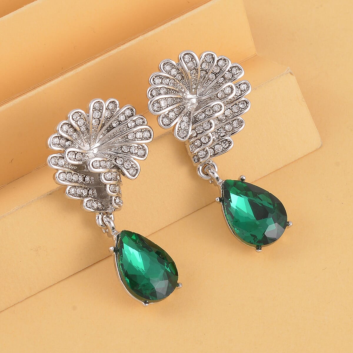 Simulated Emerald and Austrian Crystal Drop Earrings in Silvertone image number 1