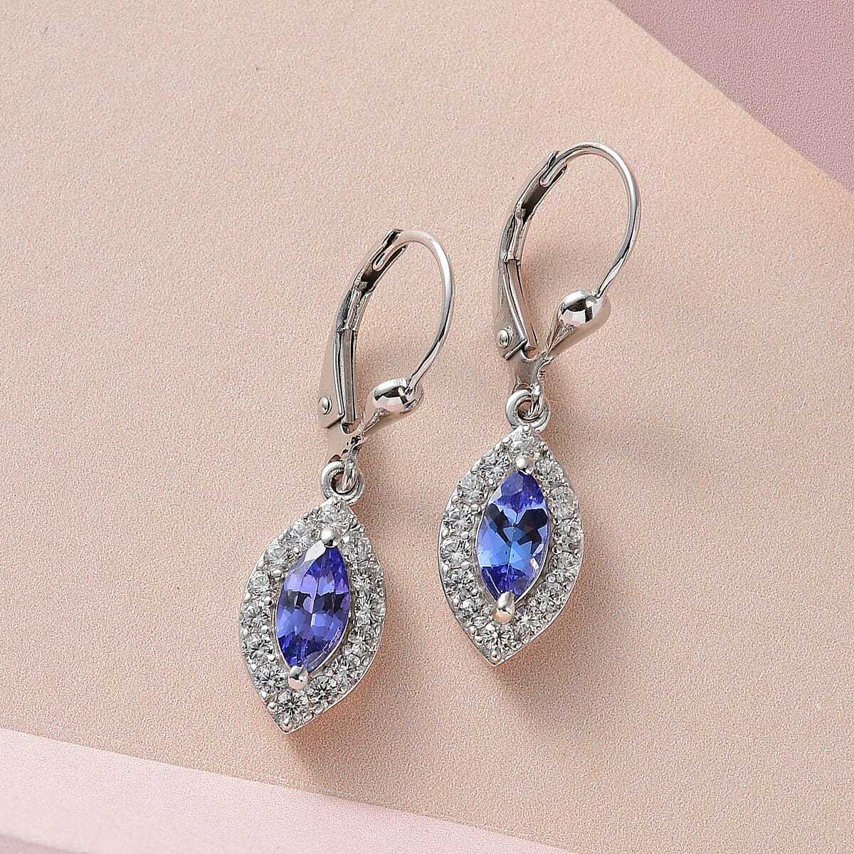 AAA Tanzanite and Natural White Zircon Lever Back Earrings in Platinum Over Sterling Silver 2.00 ctw image number 1