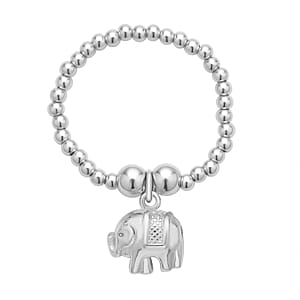 Rhodium Over Sterling Silver Beaded Stretch Ring with Elephant Charm (Size 7-10)
