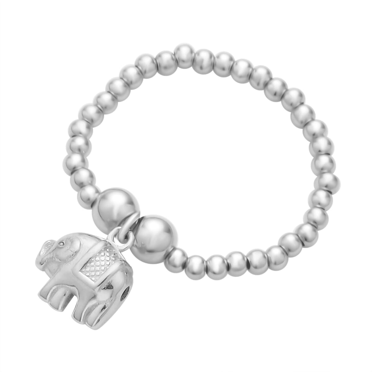 Rhodium Over Sterling Silver Beaded Stretch Ring with Elephant Charm (Size 7-10) image number 1