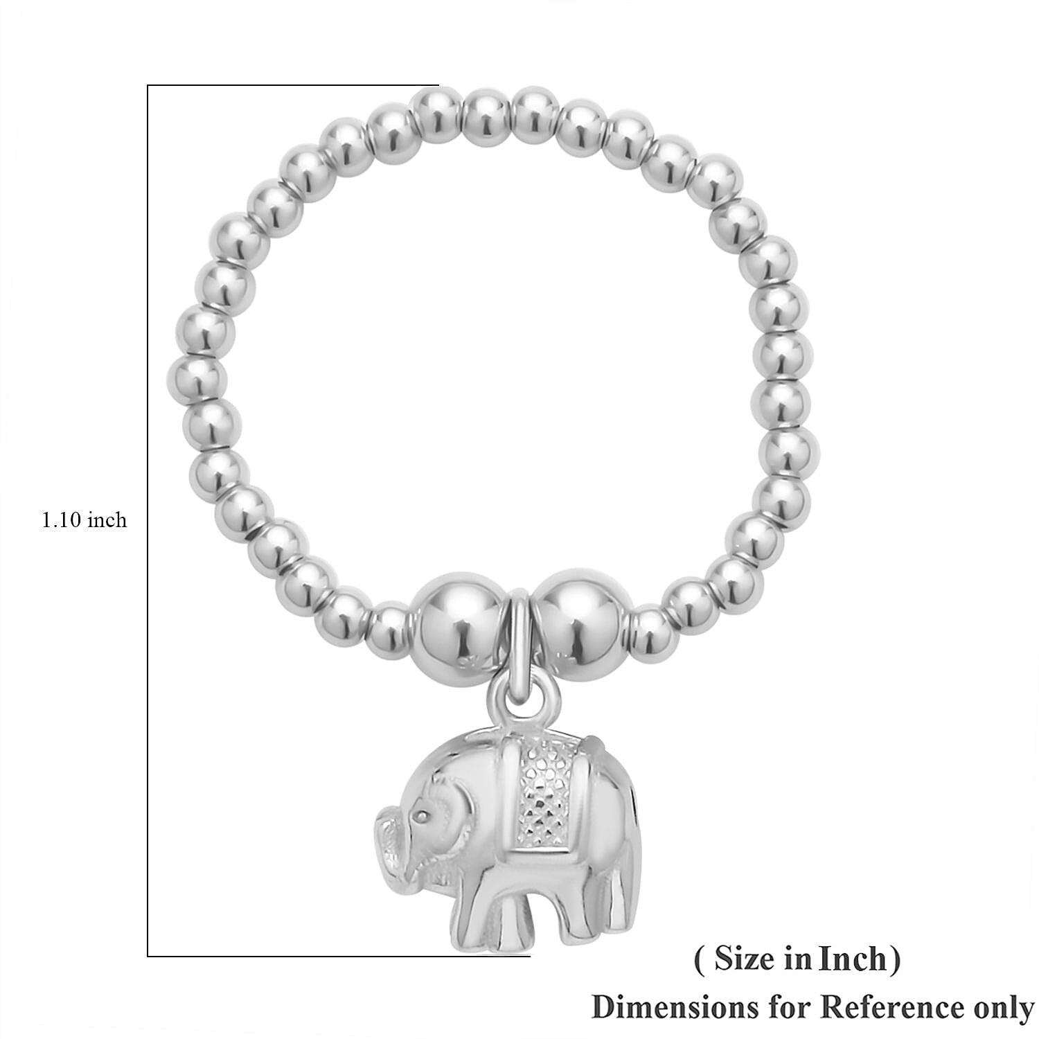 Rhodium Over Sterling Silver Beaded Stretch Ring with Elephant Charm (Size 7-10)