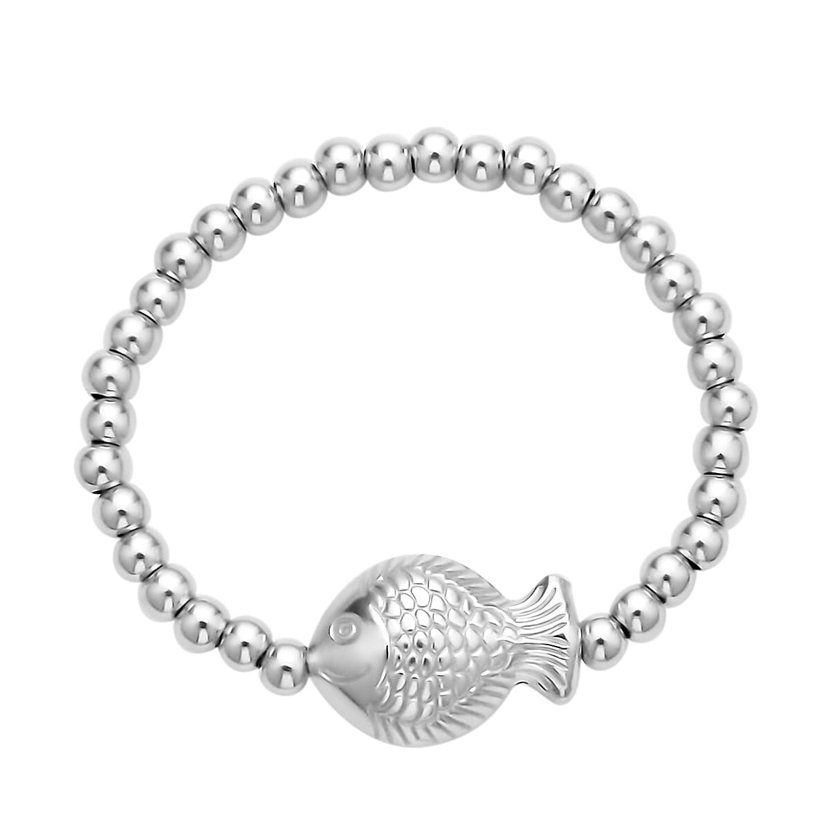 Rhodium Over Sterling Silver Beaded Stretch Ring with Fish Charm (Size 7-10) image number 0