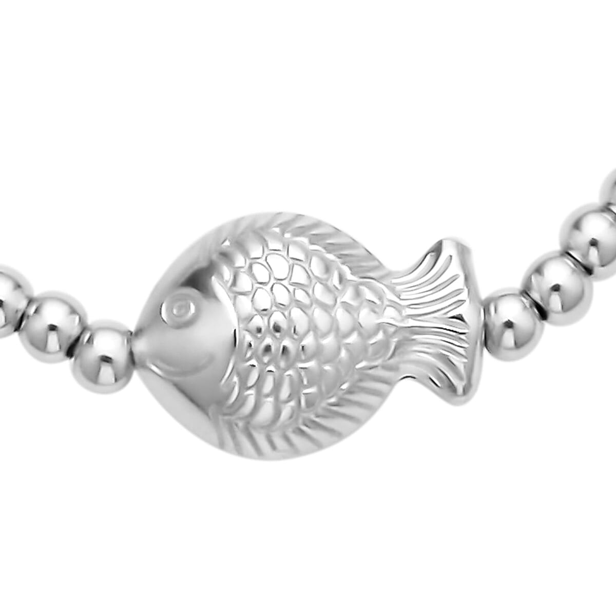 Rhodium Over Sterling Silver Beaded Stretch Ring with Fish Charm (Size 7-10) image number 1