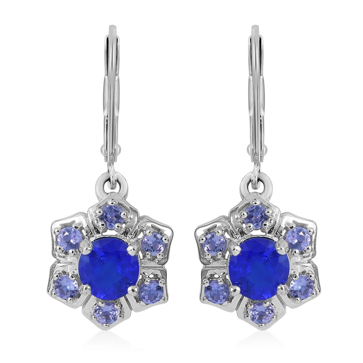 Tanzanian Blue Spinel (DF) and Tanzanite Floral Lever Back Earrings in Platinum Over Sterling Silver 2.75 ctw image number 0