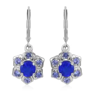 Tanzanian Blue Spinel (DF) and Tanzanite Floral Lever Back Earrings in Platinum Over Sterling Silver 2.75 ctw