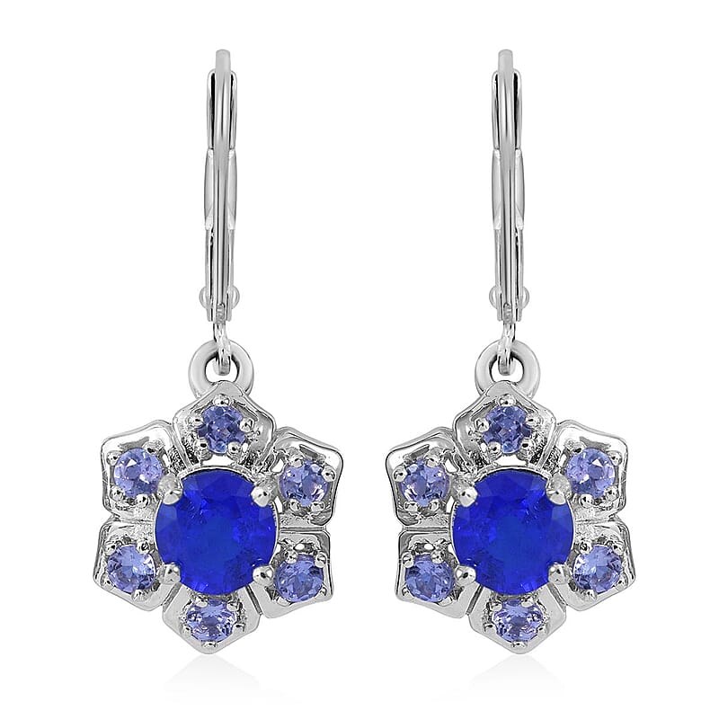 Tanzanian Blue Spinel (DF) and Tanzanite Floral Lever Back Earrings in Platinum Over Sterling Silver 2.75 ctw