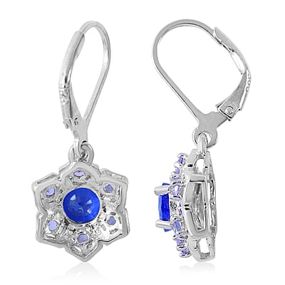 Tanzanian Blue Spinel (DF) and Tanzanite Floral Lever Back Earrings in Platinum Over Sterling Silver 2.75 ctw