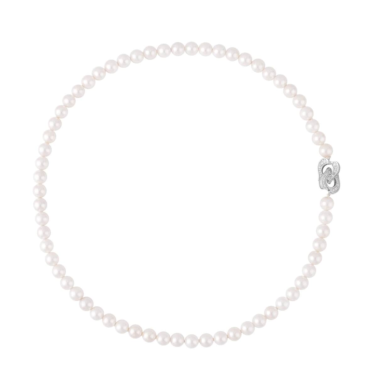 White Color Shell Pearl and Simulated Diamond Necklace 22 Inches in Silvertone 0.50 ctw image number 0