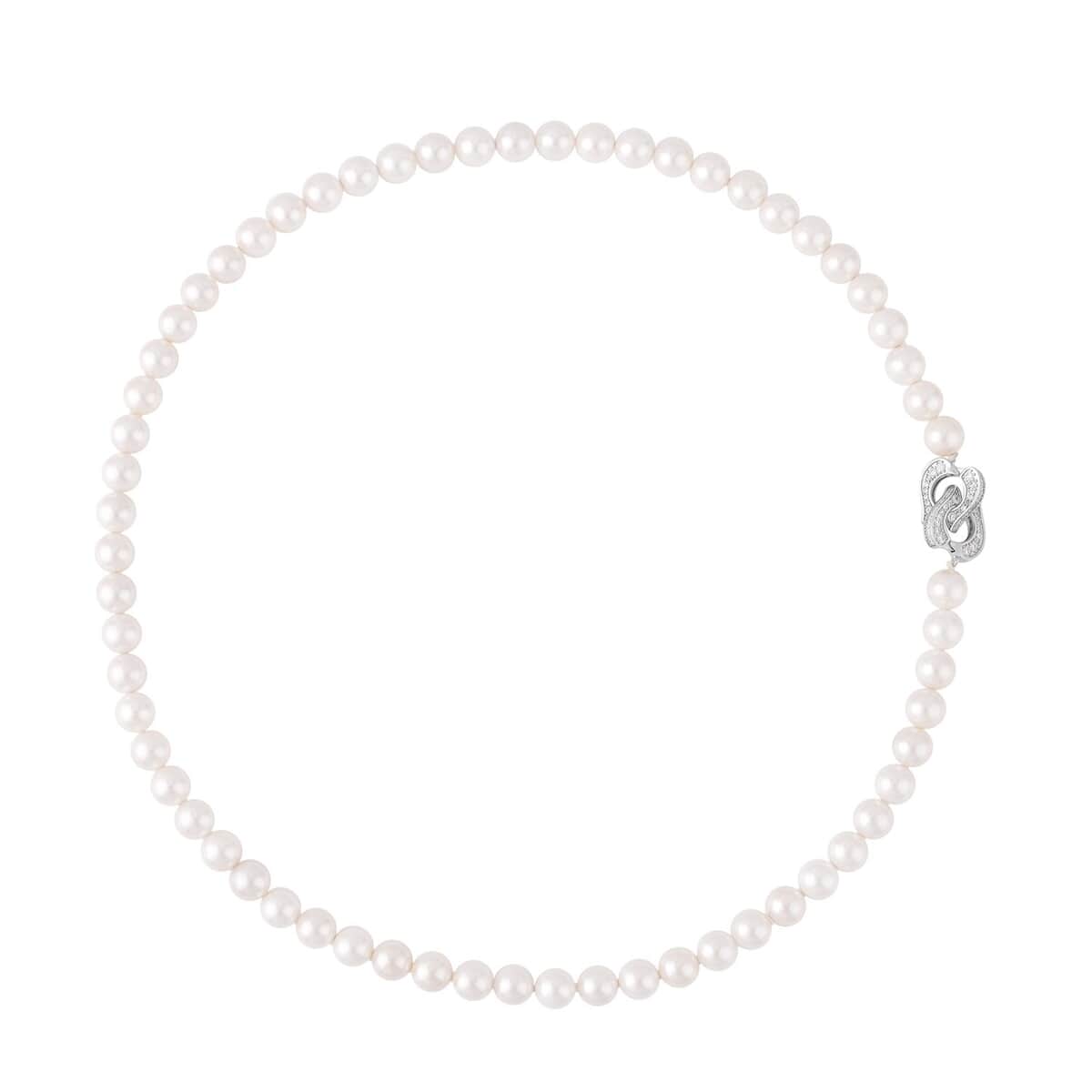 White Color Shell Pearl and Simulated Diamond Beaded Necklace 22 Inches in Silvertone 0.50 ctw image number 0