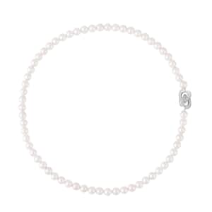 White Color Shell Pearl and Simulated Diamond Necklace 22 Inches in Silvertone 0.50 ctw