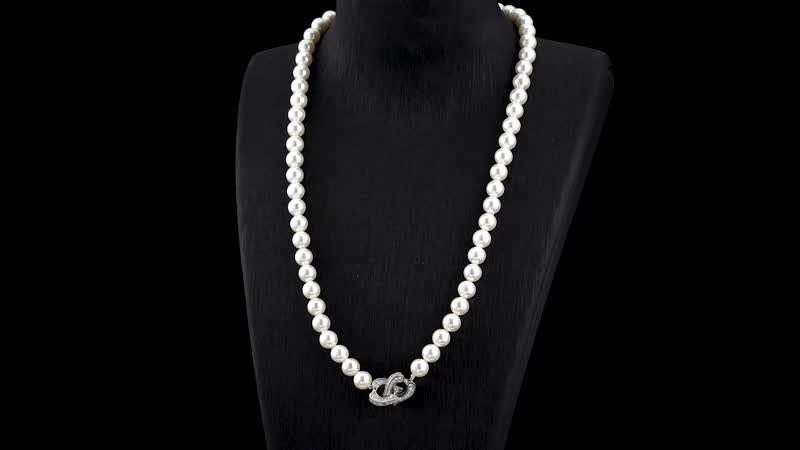 White Color Shell Pearl and Simulated Diamond Beaded Necklace 22 Inches in Silvertone 0.50 ctw