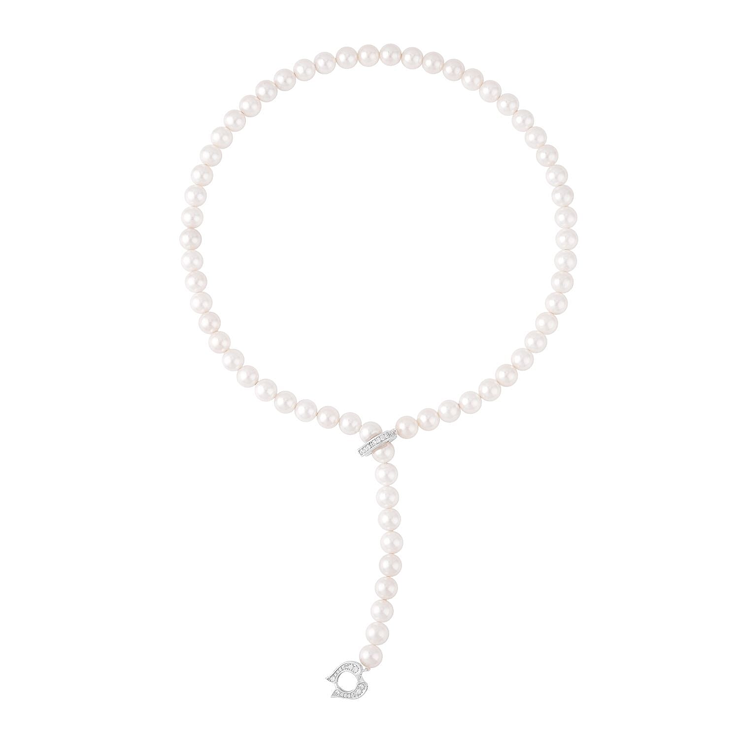 White Color Shell Pearl and Simulated Diamond Necklace 22 Inches in Silvertone 0.50 ctw
