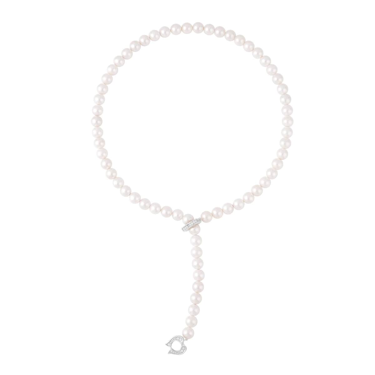 White Color Shell Pearl and Simulated Diamond Necklace 22 Inches in Silvertone 0.50 ctw image number 2