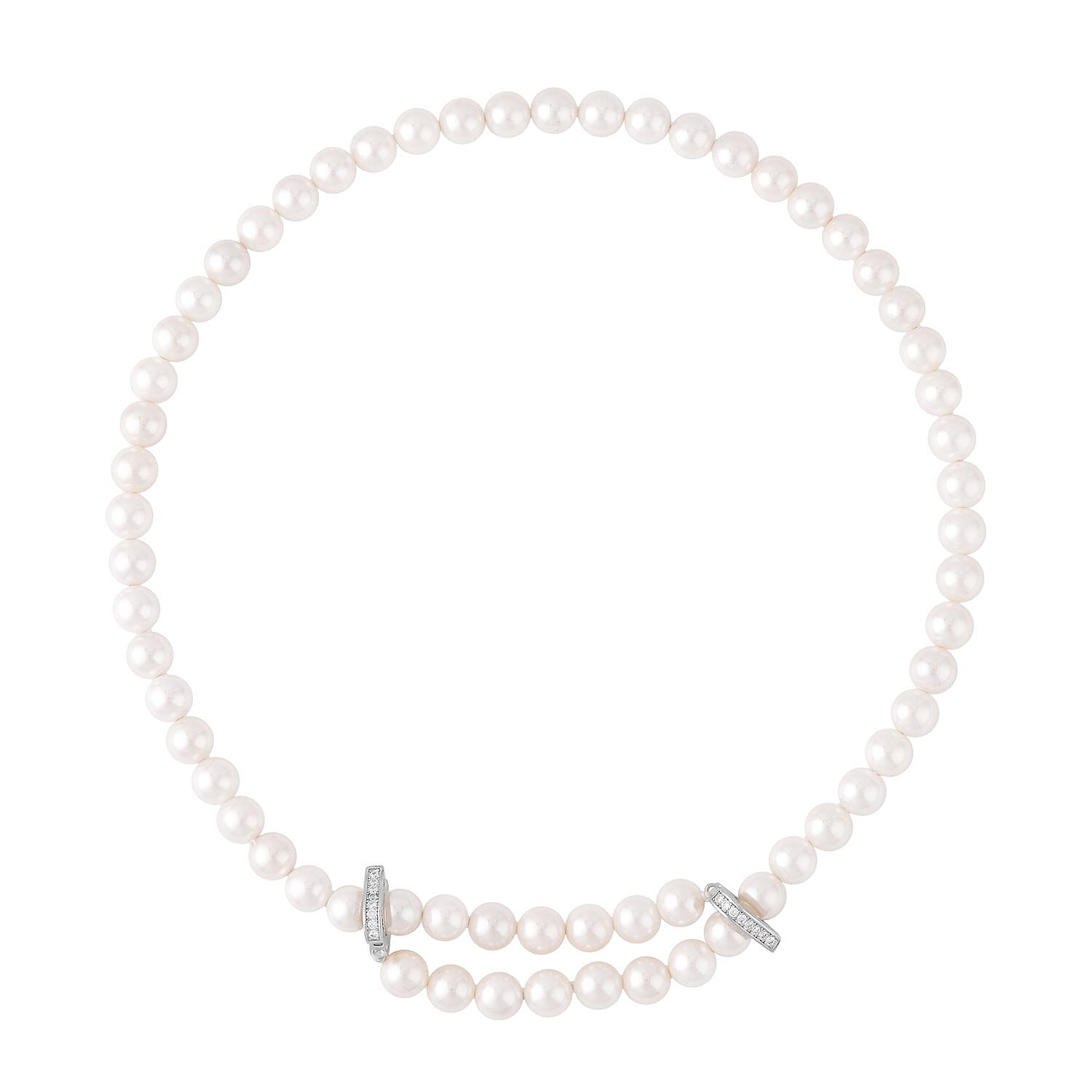 White Color Shell Pearl and Simulated Diamond Necklace 22 Inches in Silvertone 0.50 ctw
