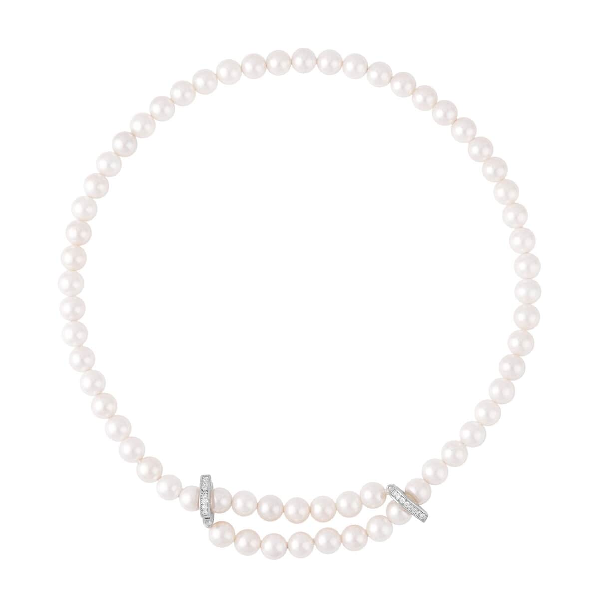 White Color Shell Pearl and Simulated Diamond Beaded Necklace 22 Inches in Silvertone 0.50 ctw image number 3