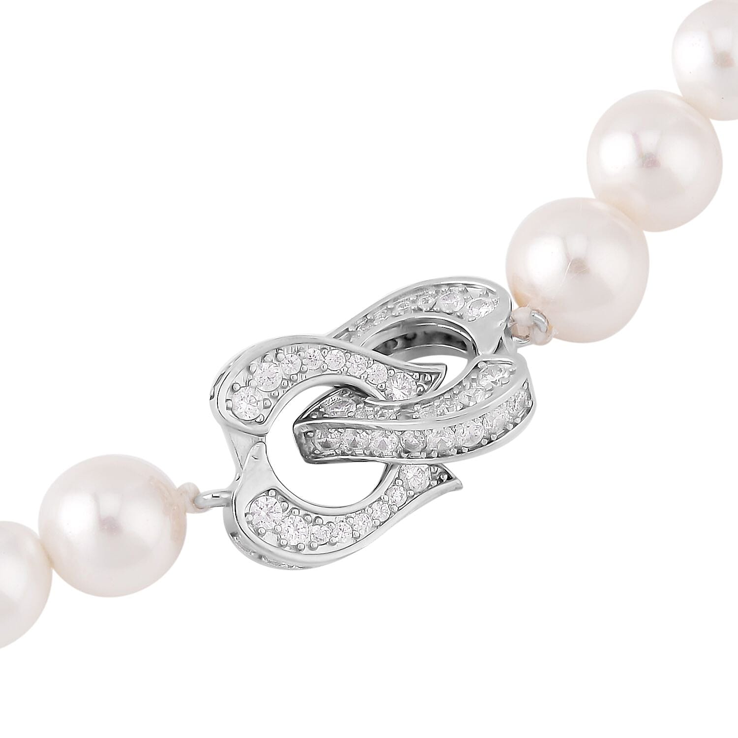 White Color Shell Pearl and Simulated Diamond Necklace 22 Inches in Silvertone 0.50 ctw