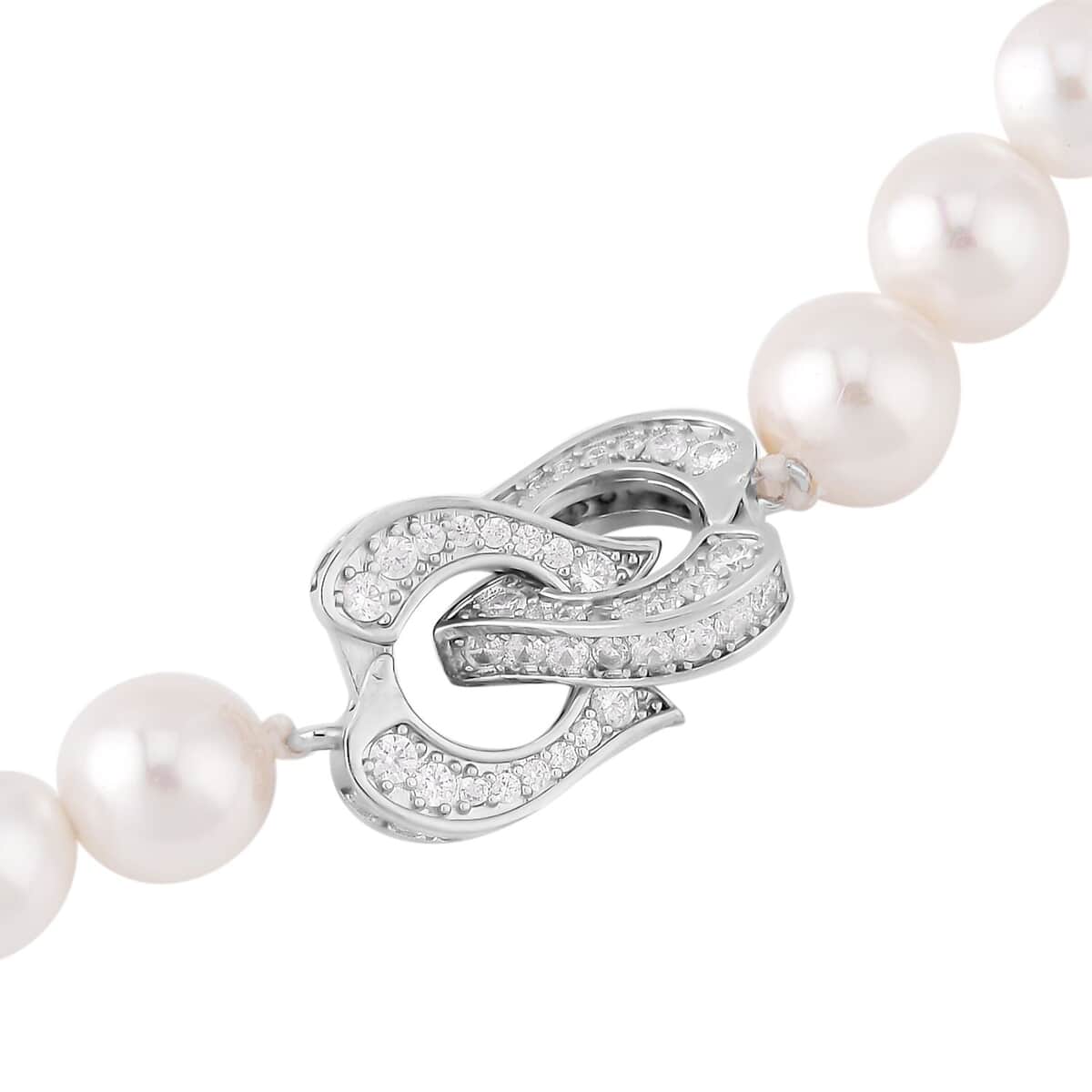 White Color Shell Pearl and Simulated Diamond Necklace 22 Inches in Silvertone 0.50 ctw image number 4