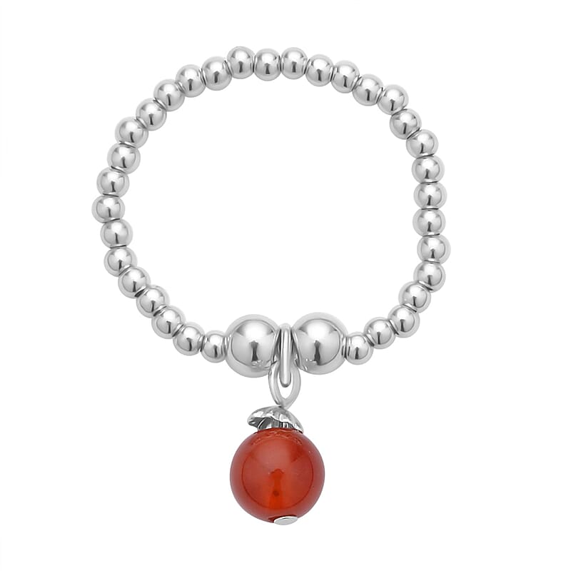 Beaded Stretch Ring with Red Agate Charm in Rhodium Over Sterling Silver (Size 7-10) 0.60 ctw