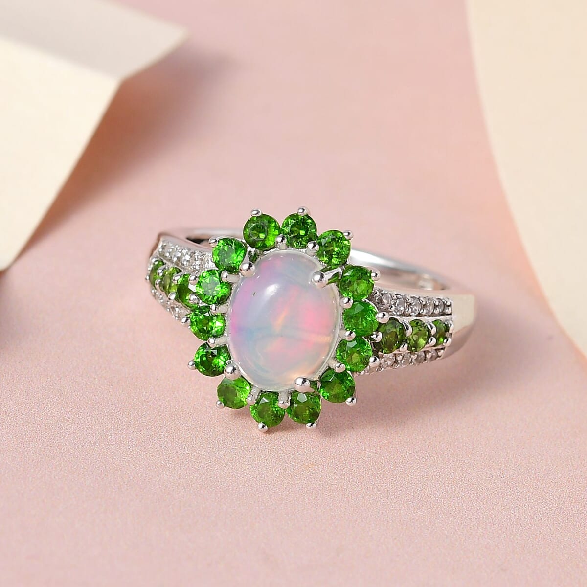Premium Ethiopian Welo Opal and Multi Gemstone Sunburst Ring in Platinum Over Sterling Silver 2.10 ctw image number 1
