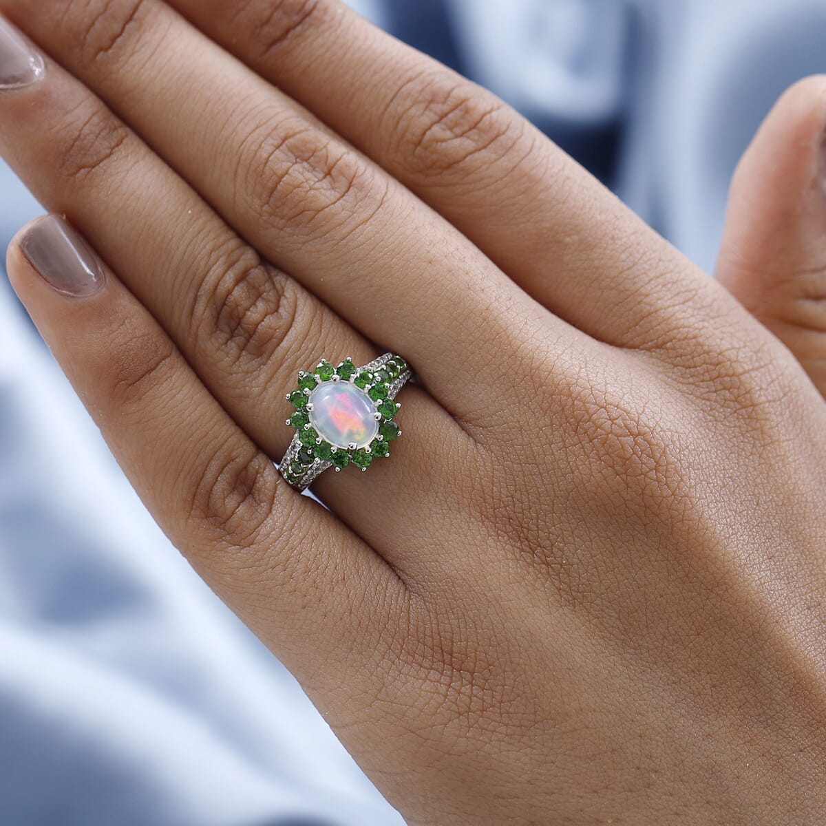 Premium Ethiopian Welo Opal and Multi Gemstone Sunburst Ring in Platinum Over Sterling Silver 2.10 ctw image number 2