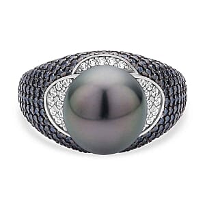 Tahitian Pearl and Multi Gemstone 2.40 ctw Ring in Rhodium Over Sterling Silver (Size 5.5) (5.7 g)