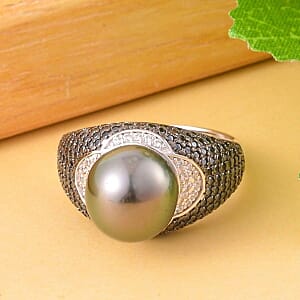 Tahitian Pearl and Multi Gemstone 2.40 ctw Ring in Rhodium Over Sterling Silver (Size 5.5) (5.7 g)