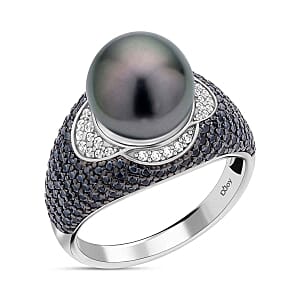 Tahitian Pearl and Multi Gemstone 2.40 ctw Ring in Rhodium Over Sterling Silver (Size 5.5) (5.7 g)