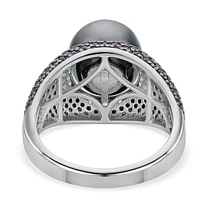 Tahitian Pearl and Multi Gemstone 2.40 ctw Ring in Rhodium Over Sterling Silver (Size 5.5) (5.7 g)